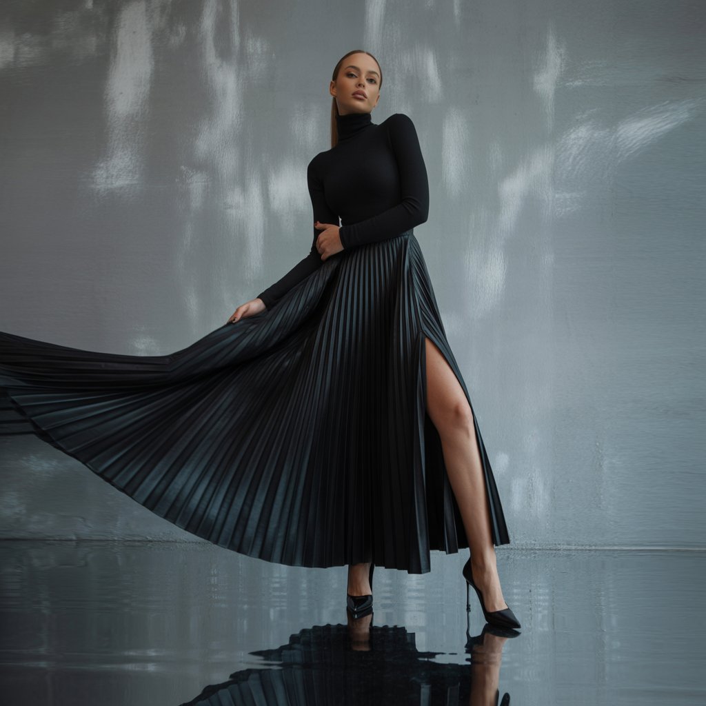 Fashion All Black Skinny Turtleneck T-shirt Pleated Skirt Set