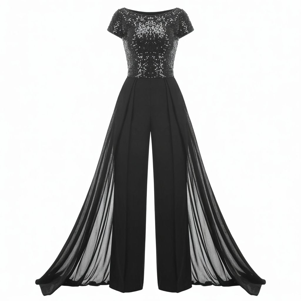Crew-neck textured-panel tulle jumpsuit