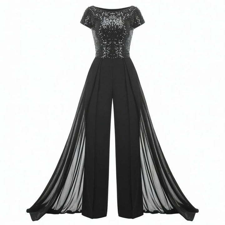 Crew-neck textured-panel tulle jumpsuit