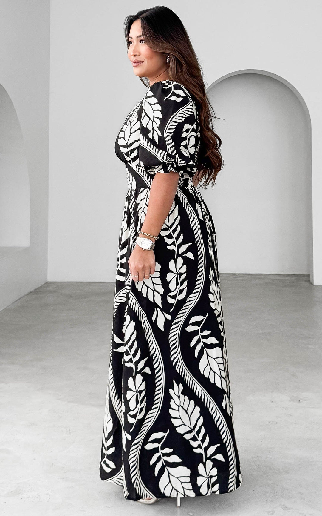 Aretha Three Quarter Sleeve Maxi Dress - Black White Print