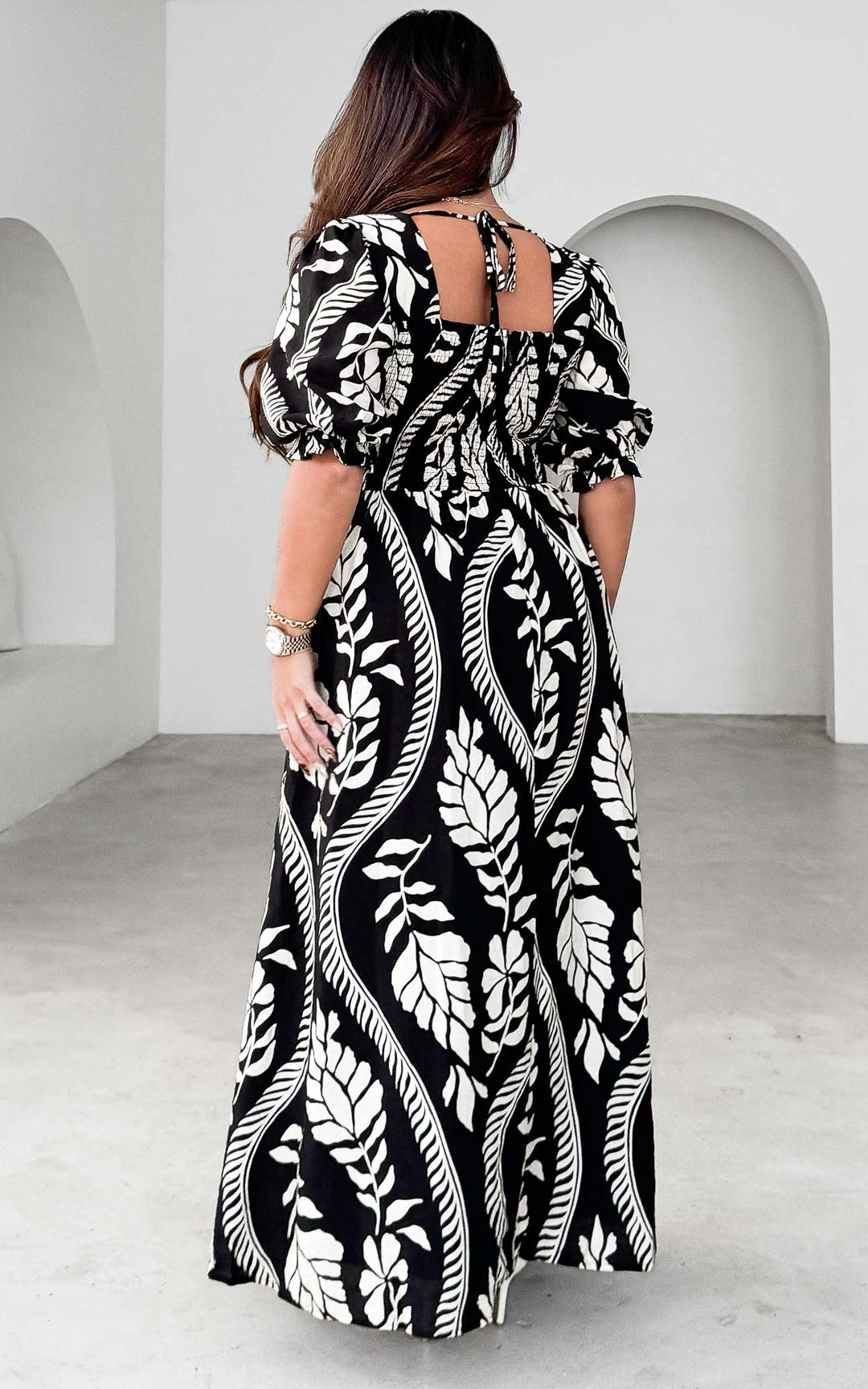 Aretha Three Quarter Sleeve Maxi Dress - Black White Print
