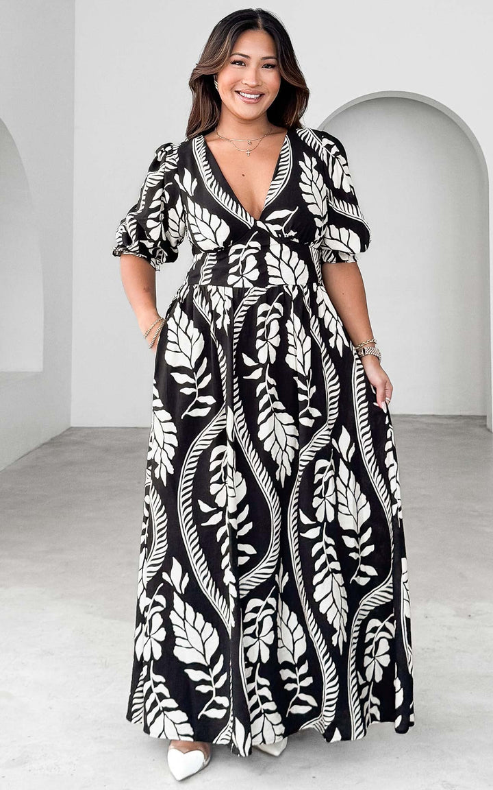 Aretha Three Quarter Sleeve Maxi Dress - Black White Print
