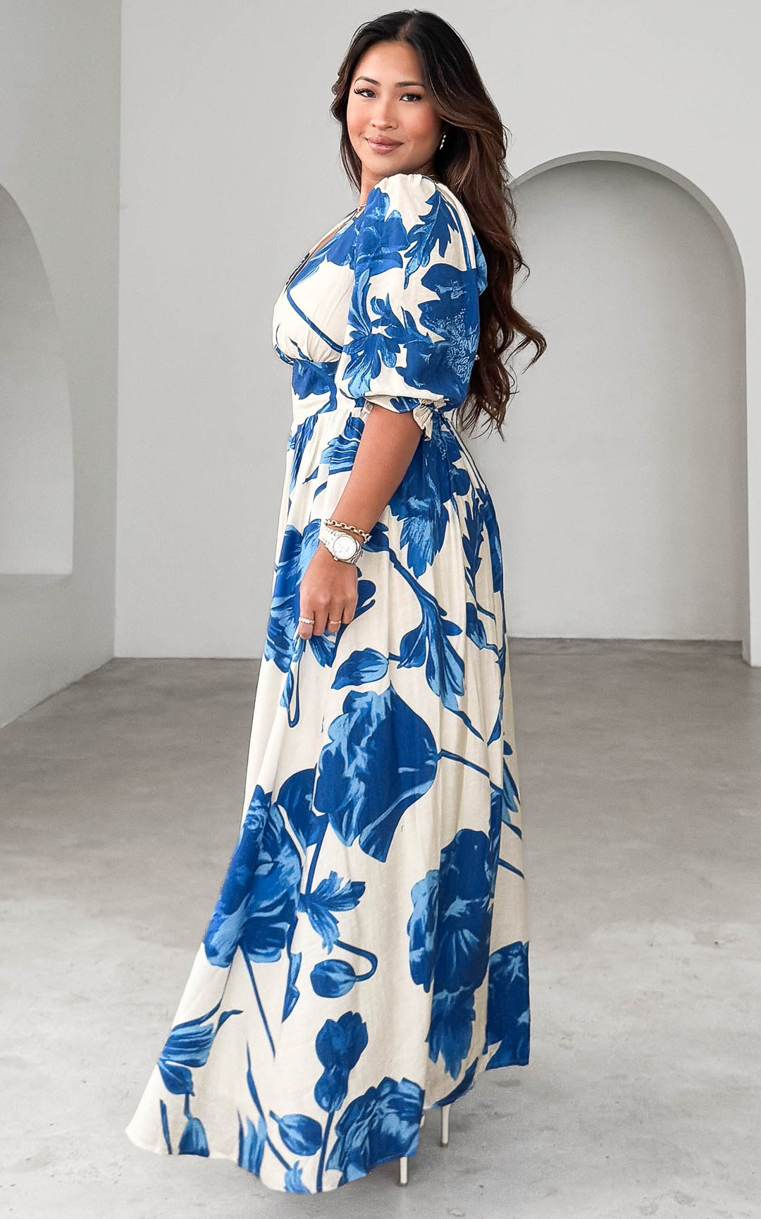 Aretha Three Quarter Sleeve Maxi Dress - Cream Blue Floral
