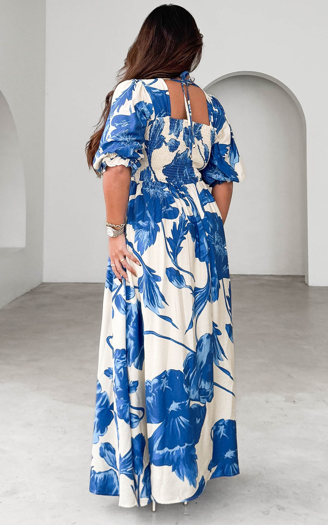 Aretha Three Quarter Sleeve Maxi Dress - Cream Blue Floral