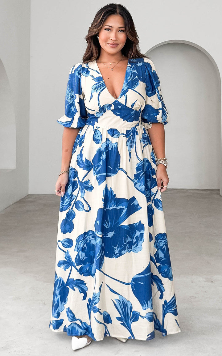 Aretha Three Quarter Sleeve Maxi Dress - Cream Blue Floral