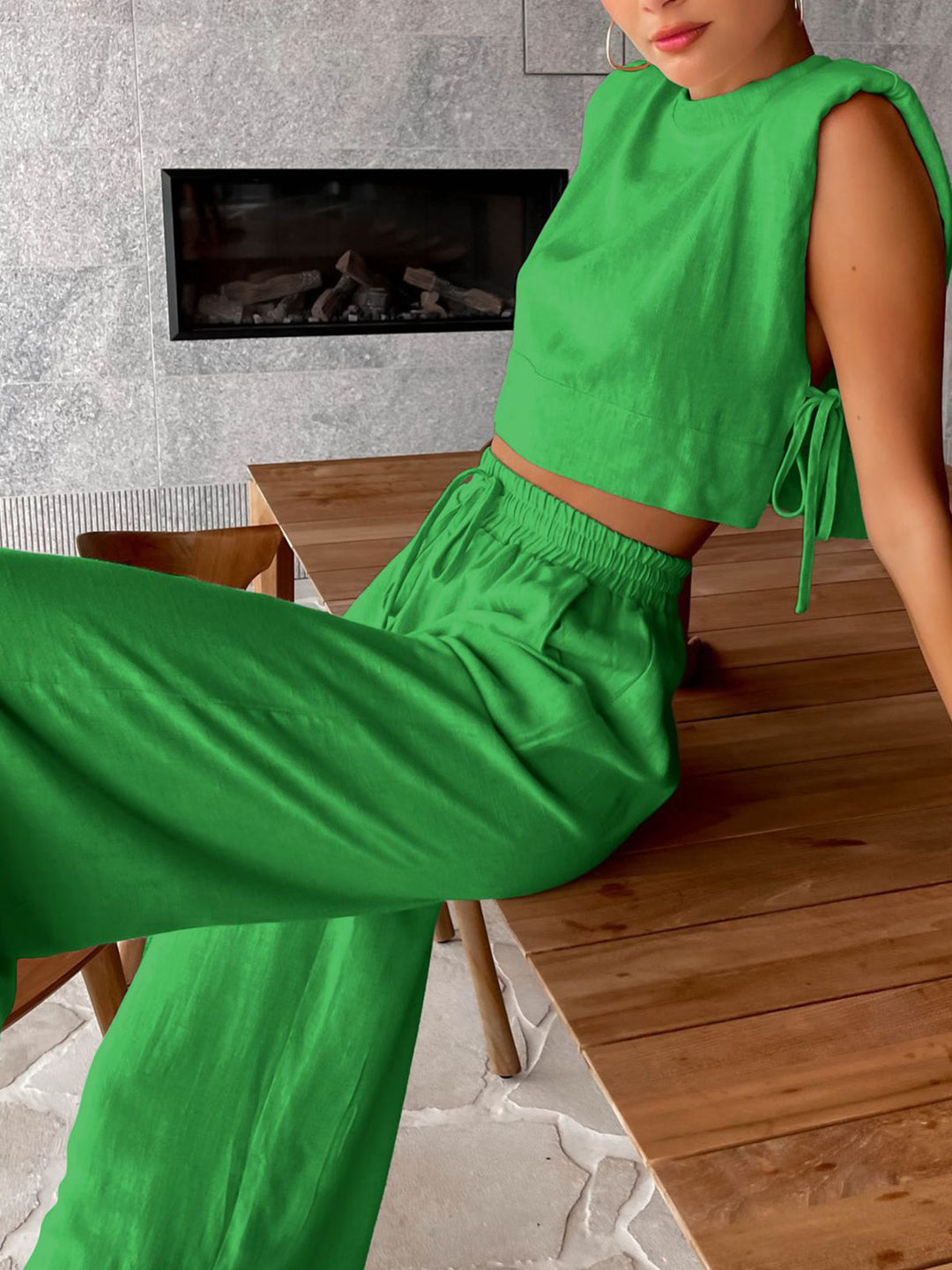 Linen Two Piece Wide Leg Pants Set