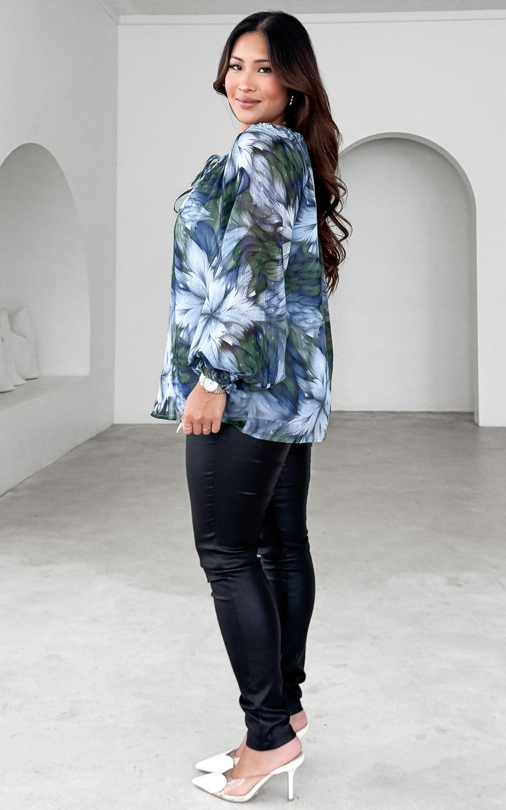 Baylene Top - Blue Green Floral Texture