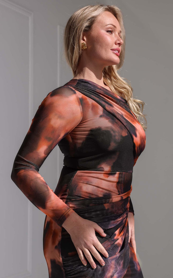 Benita Mesh Midi Dress - Brown Orange Multi Print