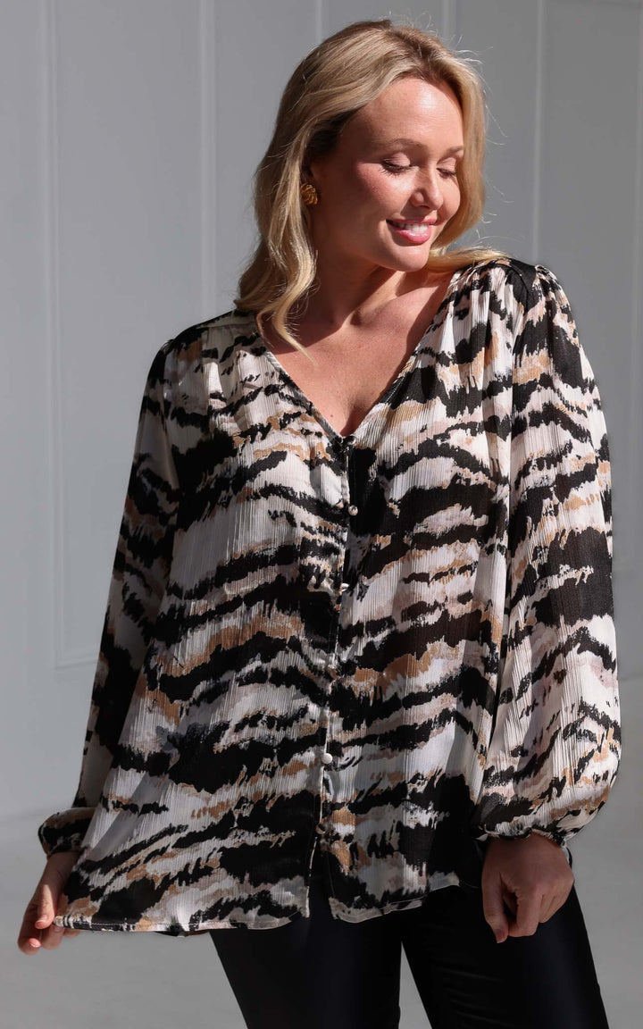 Blake Shirt Blouse - Tan Multi Abstract Print