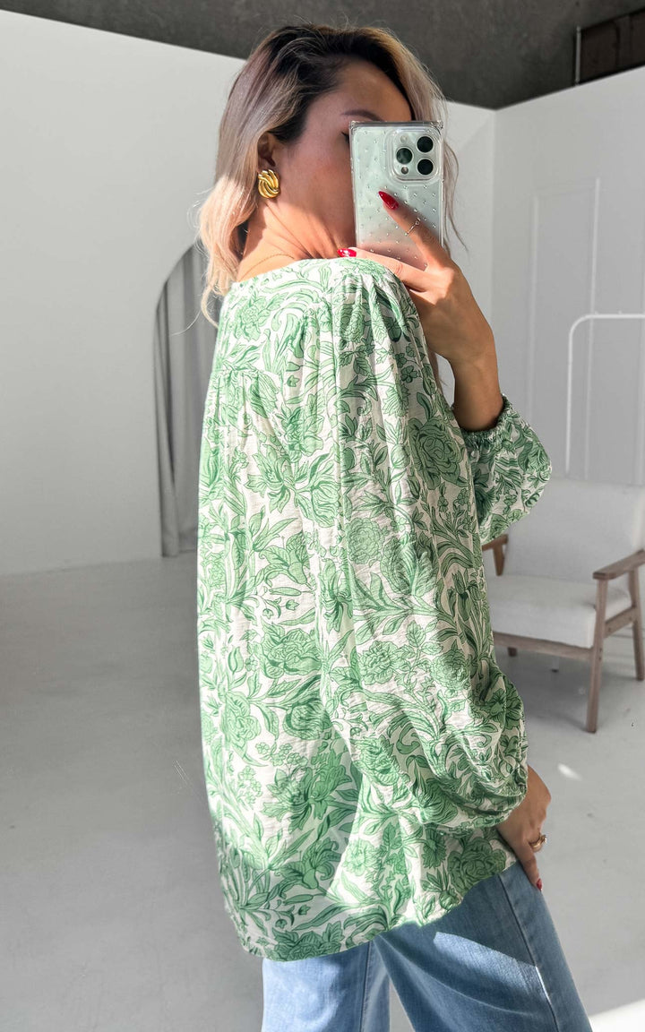 Blake Shirt Blouse - White Green Print