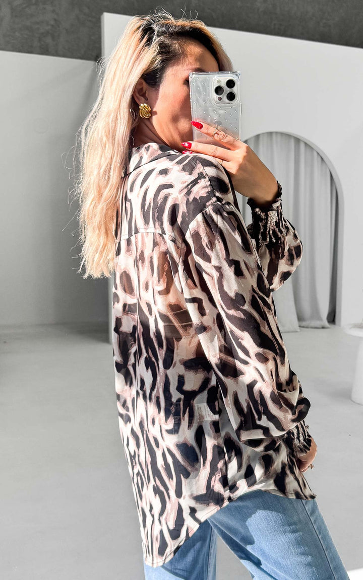 Blake Shirt Blouse - Tan Multi Abstract Print