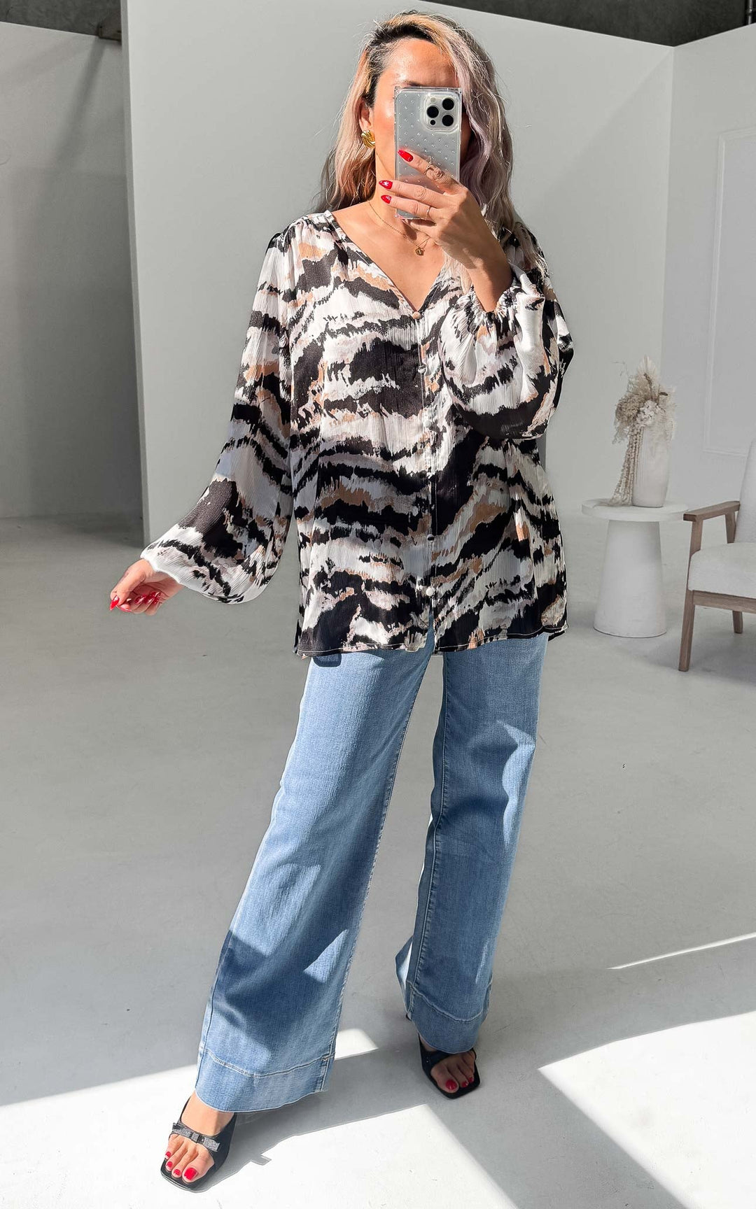 Blake Shirt Blouse - Tan Multi Abstract Print
