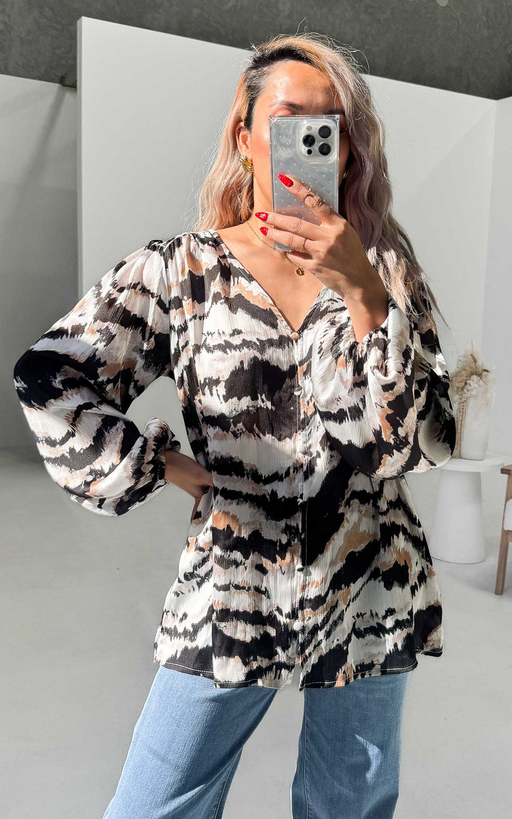 Blake Shirt Blouse - Tan Multi Abstract Print
