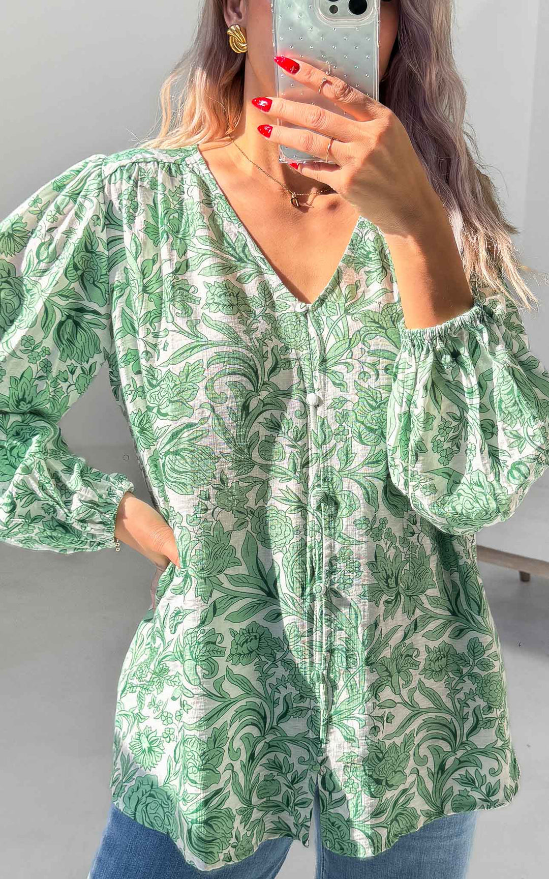 Blake Shirt Blouse - White Green Print