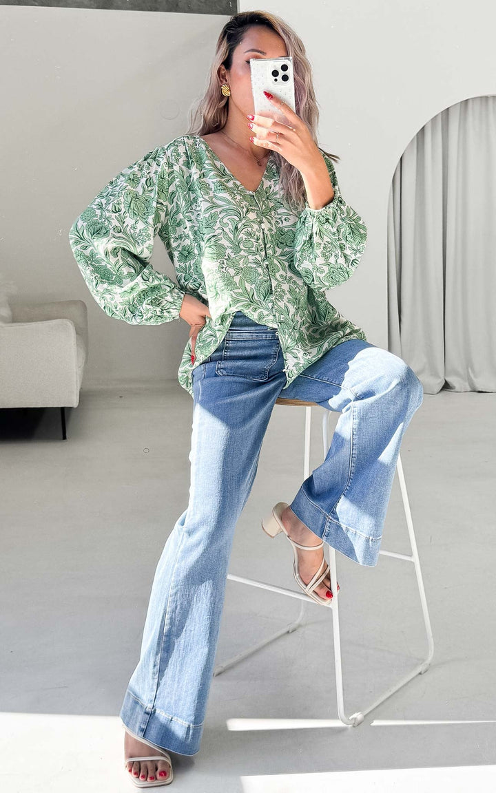 Blake Shirt Blouse - White Green Print