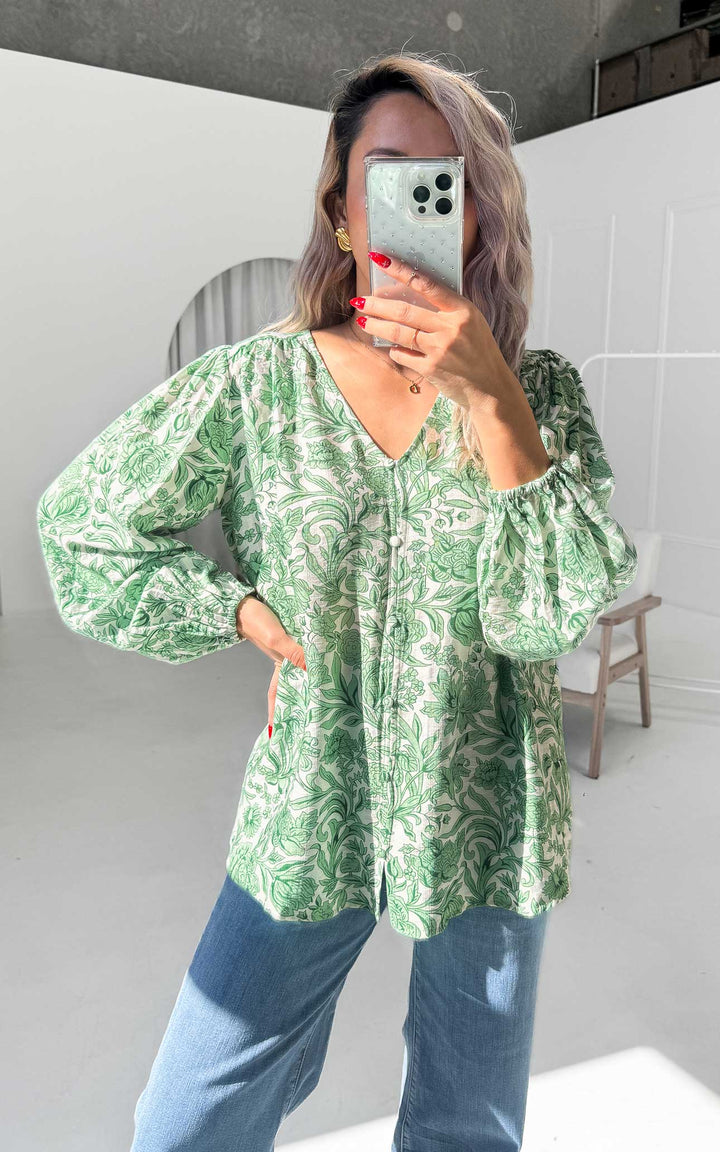 Blake Shirt Blouse - White Green Print