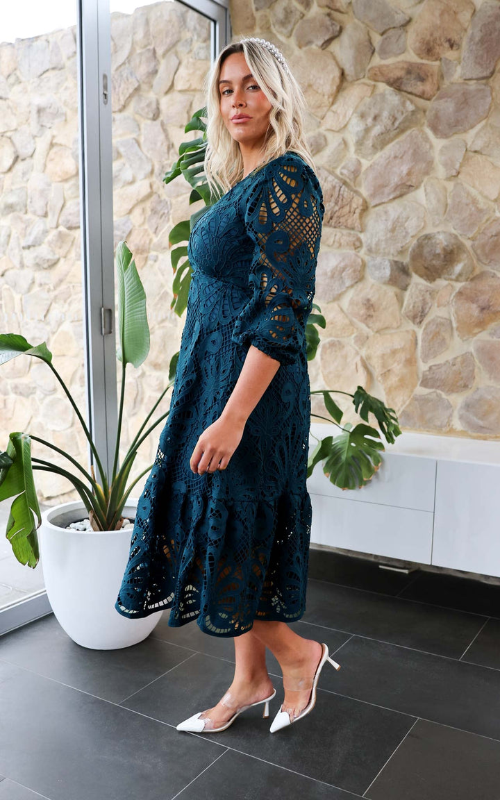 Criselda Lace Midi Dress - Teal Blue