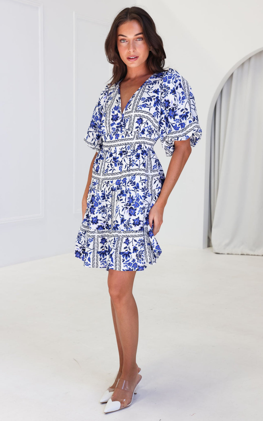 Monique Dress - White Blue Floral