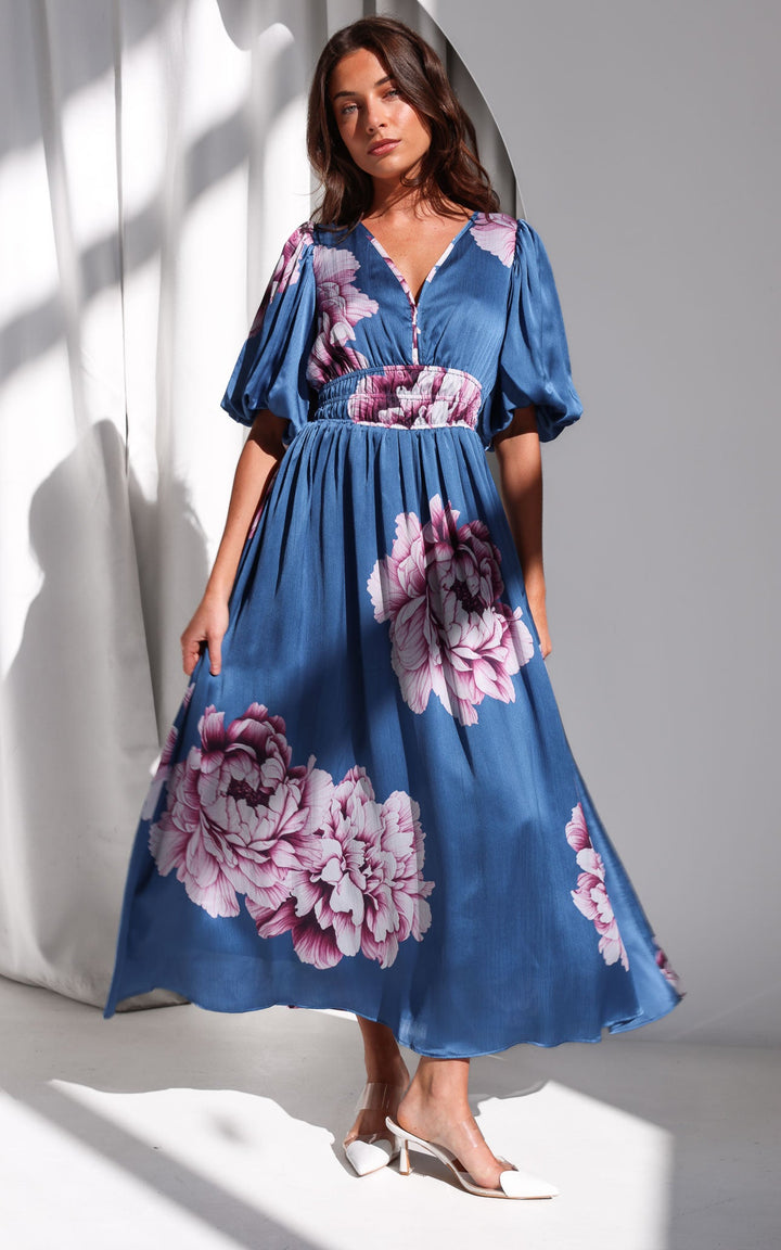 Monique Maxi Dress - Steel Blue Mauve Floral