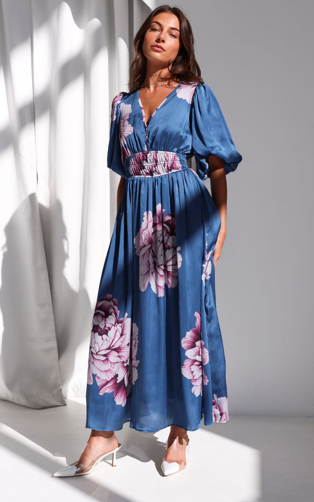 Monique Maxi Dress - Steel Blue Mauve Floral