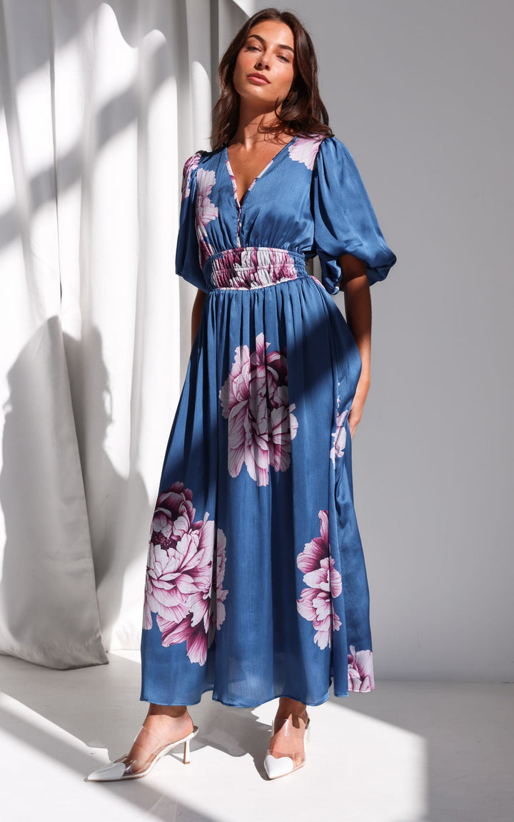 Monique Maxi Dress - Steel Blue Mauve Floral