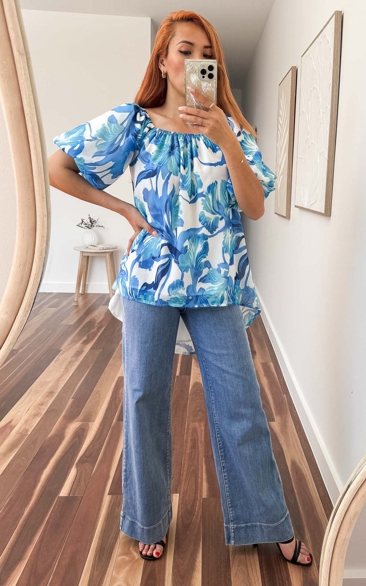 Myrtle Top - White Blue Floral