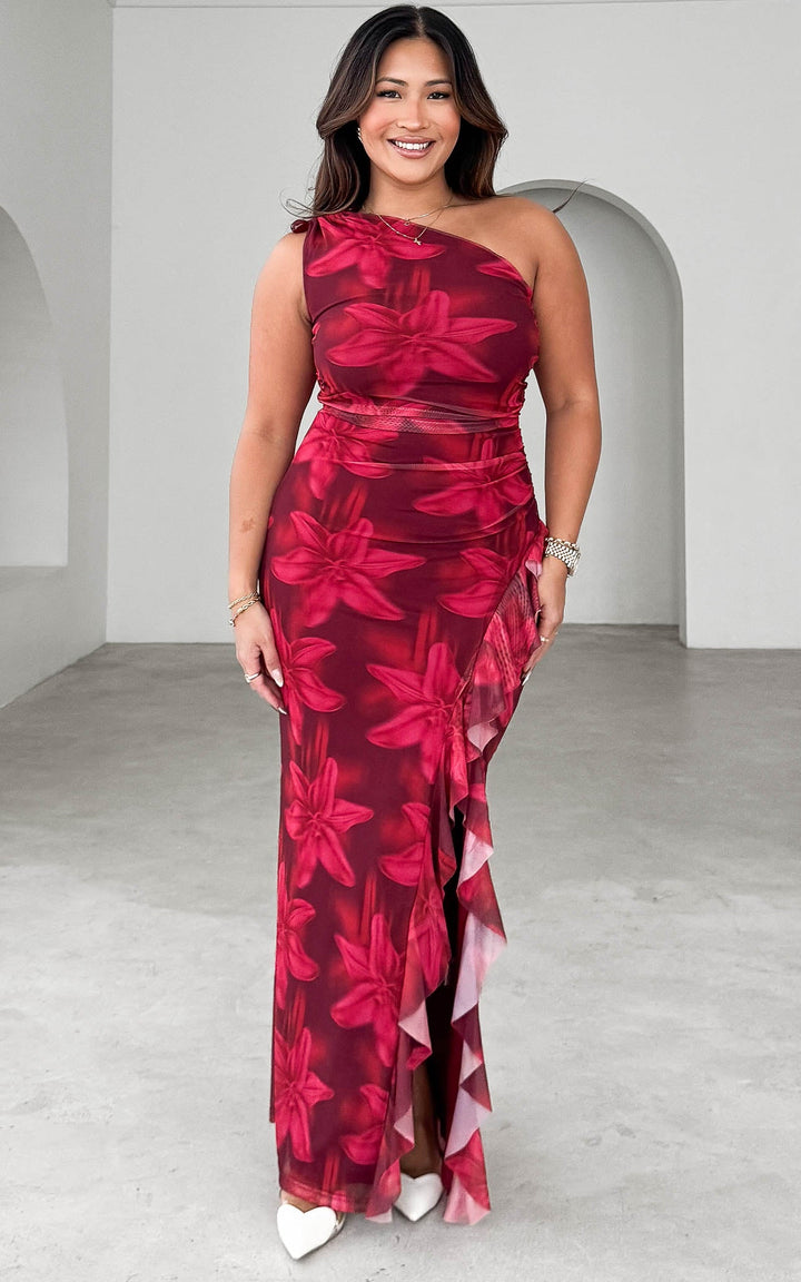 Relius Mesh Maxi Dress - Red Wine Floral