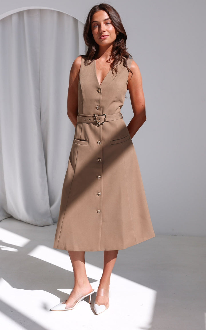 Seddiq Vest Midi Dress - Khaki Brown