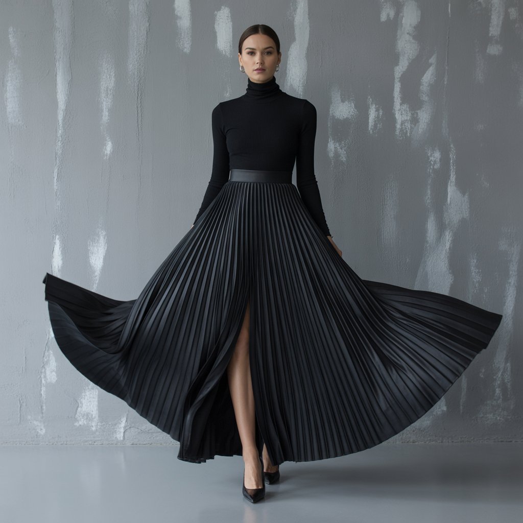 Fashion All Black Skinny Turtleneck T-shirt Pleated Skirt Set