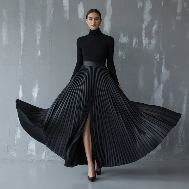Fashion All Black Skinny Turtleneck T-shirt Pleated Skirt Set