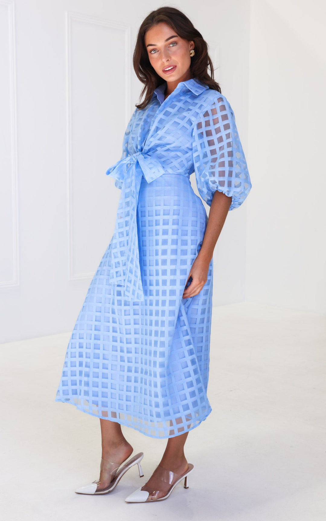 Zoeva Maxi Dress - Light Blue Check Organza
