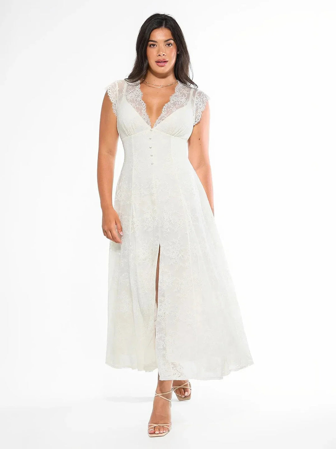 Shapewear Boho Floral Lace Front Slit Maxi Dress
