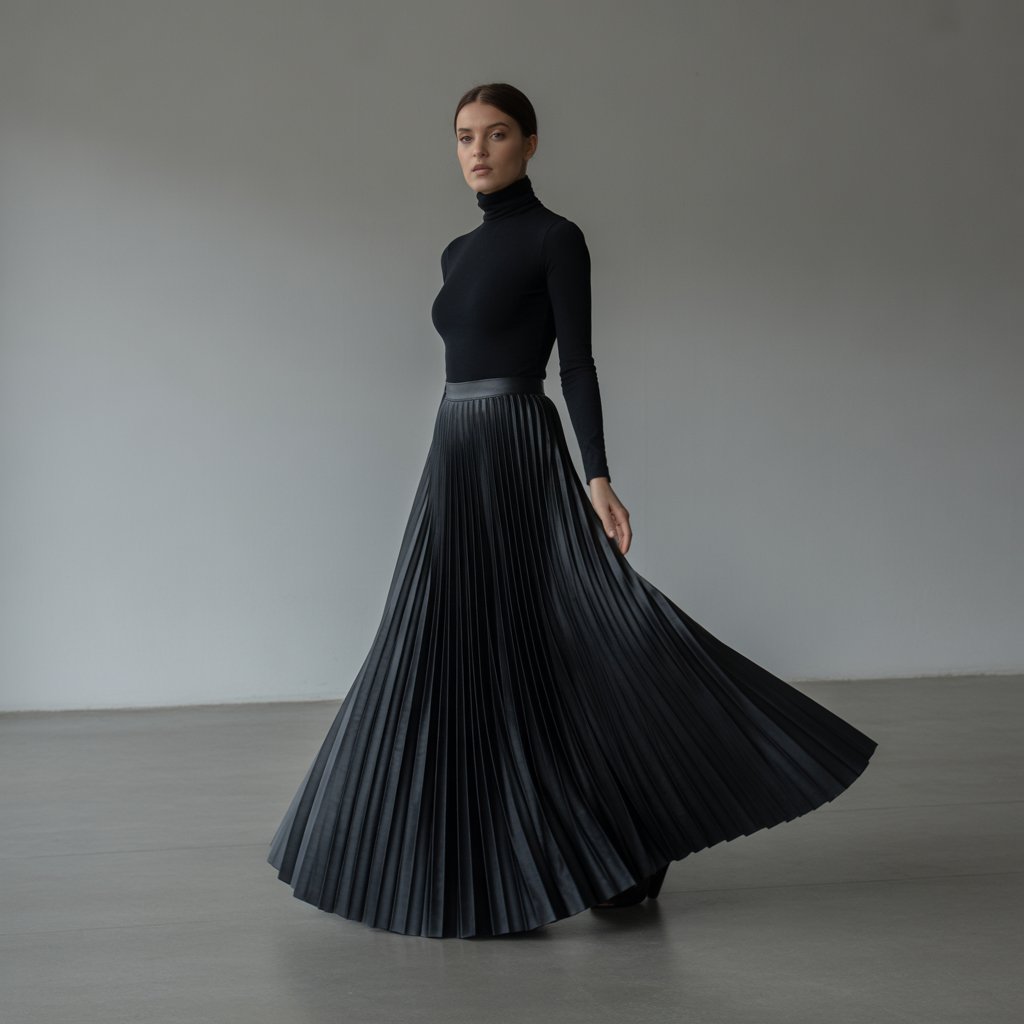 Fashion All Black Skinny Turtleneck T-shirt Pleated Skirt Set